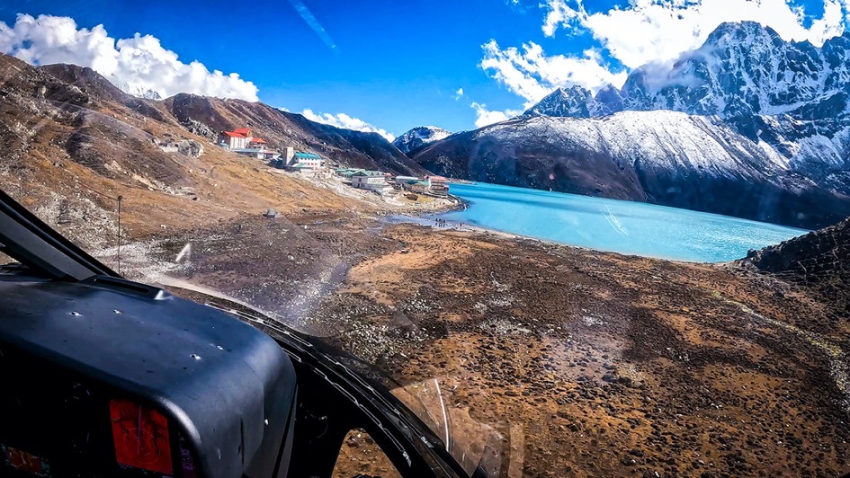 Landing at Gokyo Lake Helicopter View