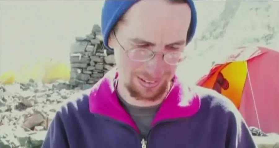 David Sharp on Everest Base Camp preparing for the summit climb. 